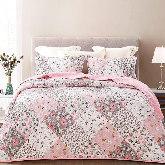 New Pink Floral Patchwork 3-Piece Bedding Quilt Set • Reversible  • KING - Picture 2 of 7